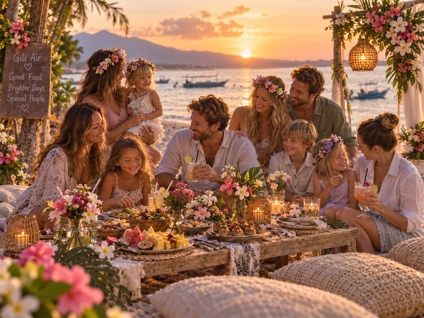 Friends and families sharing food and flowers at a Gili Air celebration