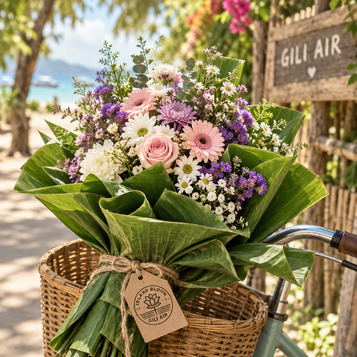 Island Bloom bouquet wrapped with natural materials on Gili Air