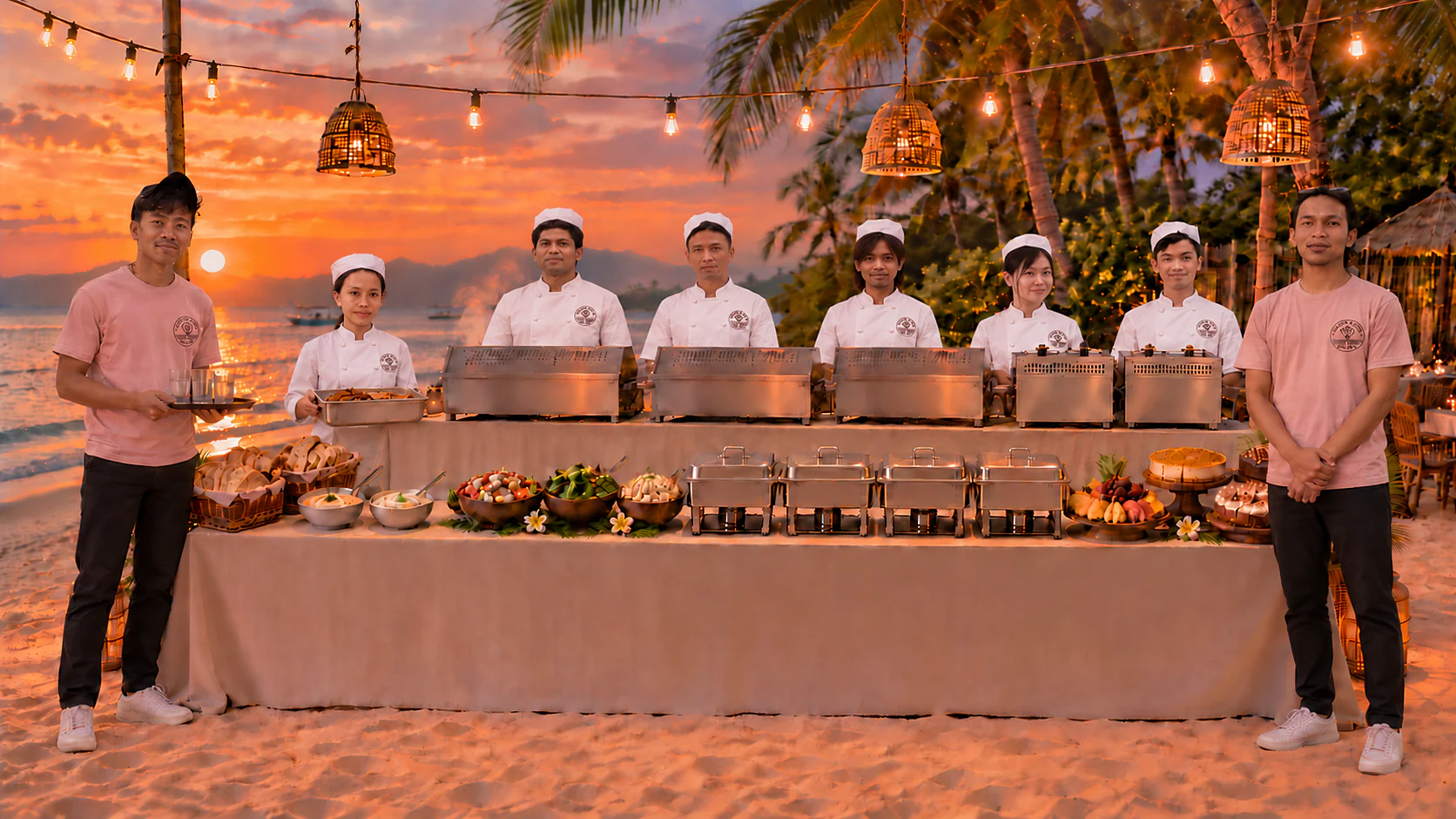 Island Bloom catering team serving a beach event on Gili Air