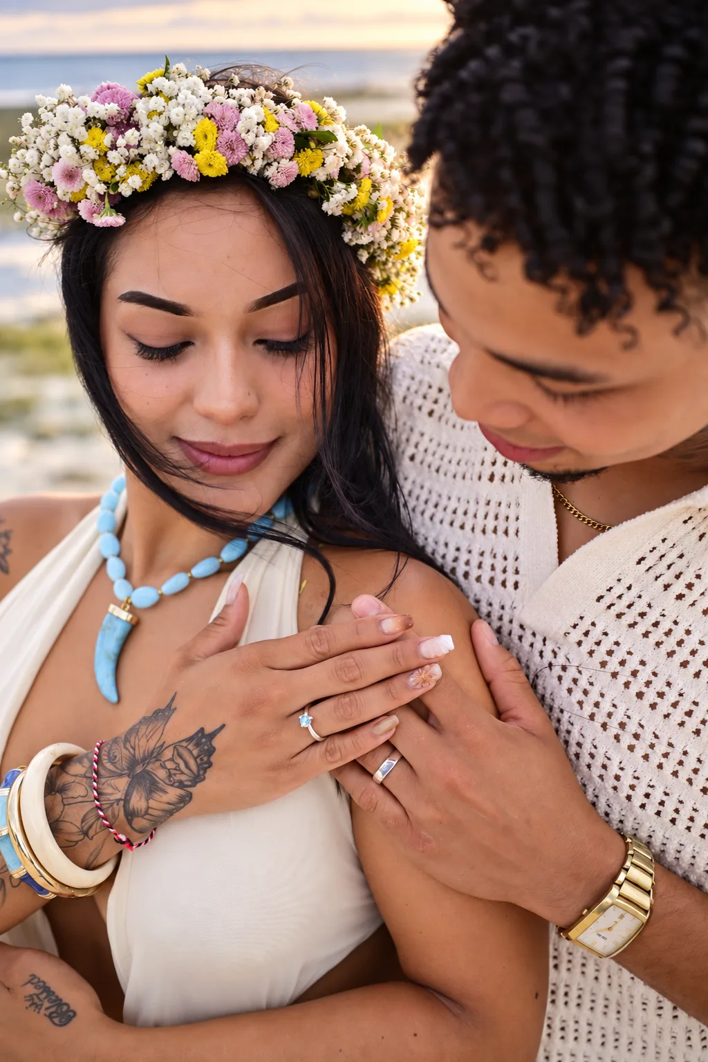 Couple after a beach proposal