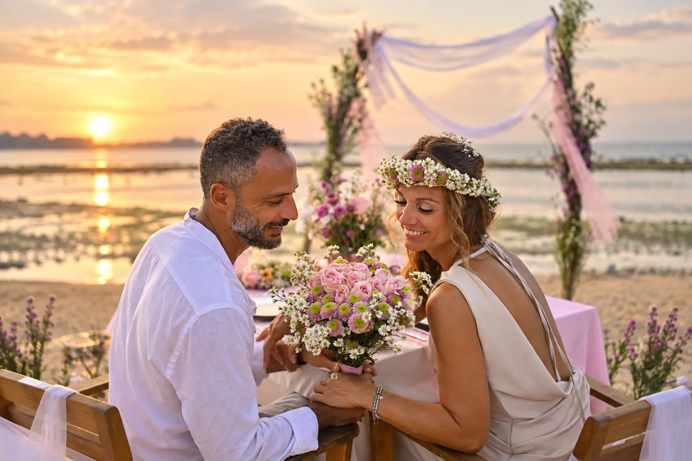 Romantic beach proposal table with flowers