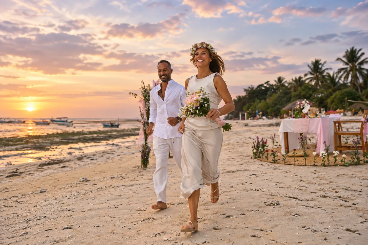 Couple celebrating a proposal at sunset on Gili Air