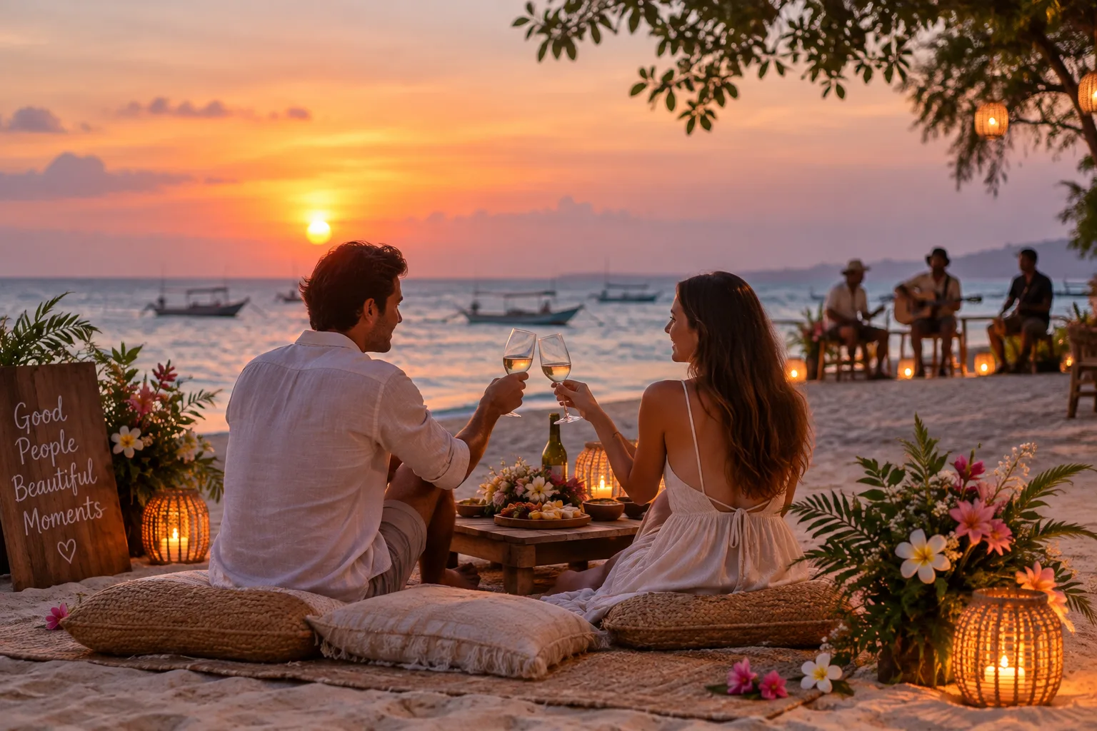 Romantic beach picnic and dinner after a proposal