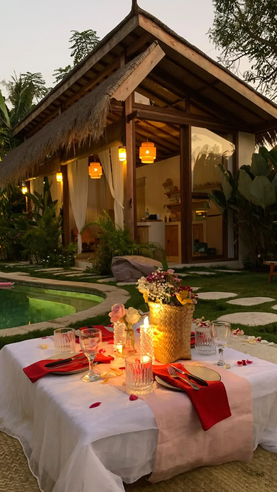 Private dinner table beside a villa pool