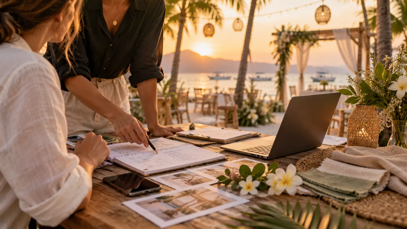 Island Bloom team planning event details at a beachfront table