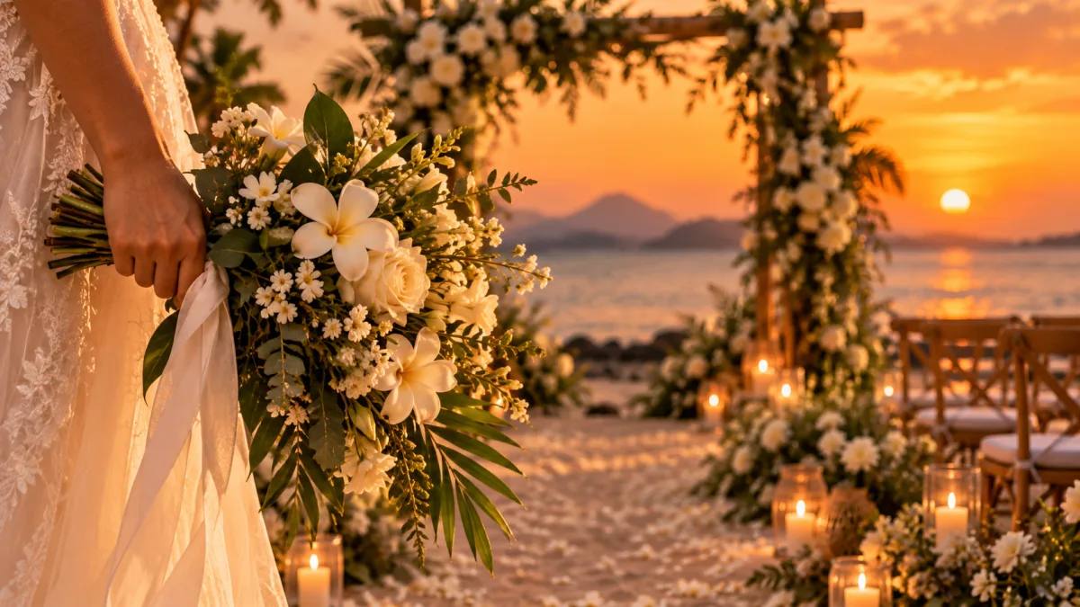 Bride holding a bouquet at sunset