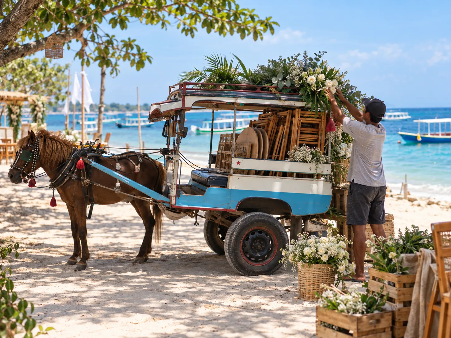 Island wedding logistics transported by cidomo